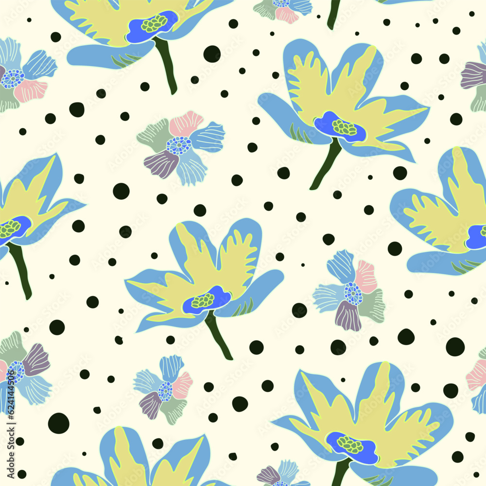 rainbow color theme flowers with polka dots seamless vector pattern. Colorful pastel flowers seamless pattern.