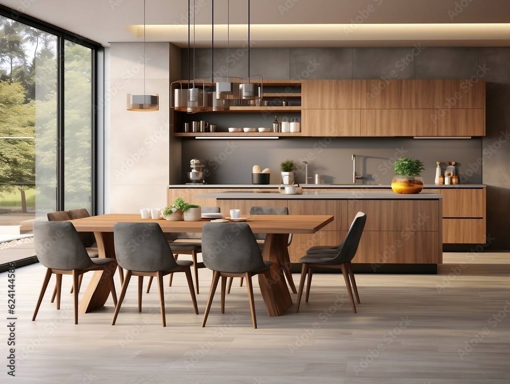 Interior design of modern dining room with wooden chairs near kitchen generative ai Interior design of modern dining room with wooden chairs near kitchen generative ai