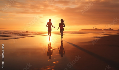couple walking on the beach at sunrise
