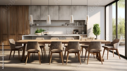 Interior design of modern dining room with wooden chairs near kitchen generative ai