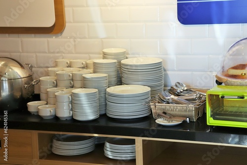Plates, cutlery, Swedish breakfast in the hotel