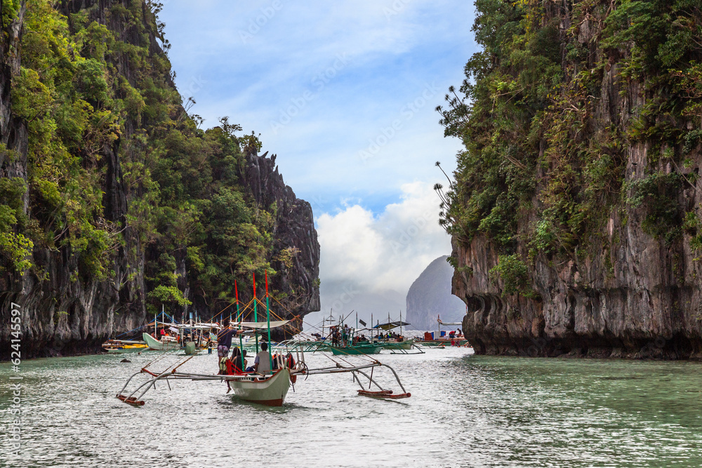 Traffic jam with lot of tourist boats in big lagoon. El Nido,  Palawan, Philippines