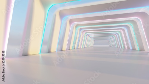Fototapeta Naklejka Na Ścianę i Meble -  Futuristic interior background tunnel glowing colorful neon 3d render
