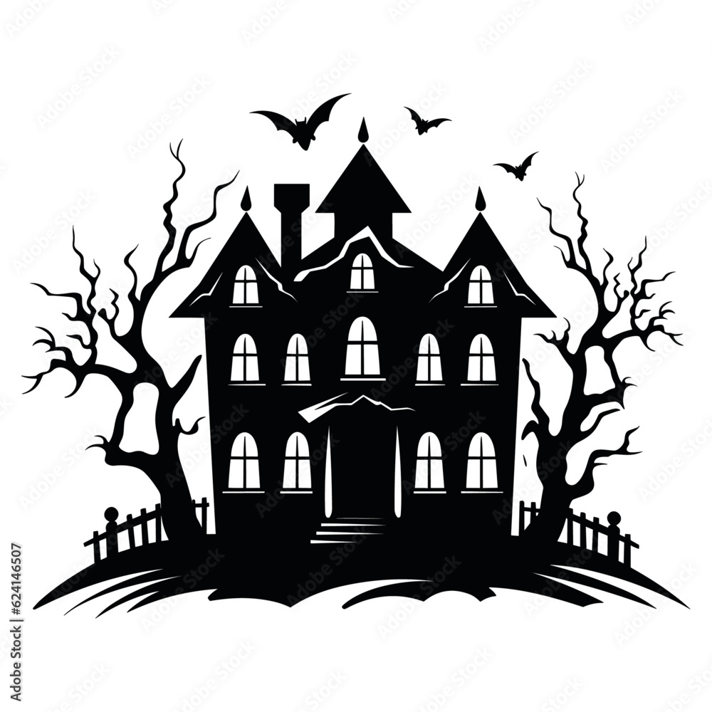 Vector haunted house black and white illustration. Halloween background with silhouette of spooky cottage, ghosts, bats, cemetery. Scary Samhain party invitation or card design. stock illustration