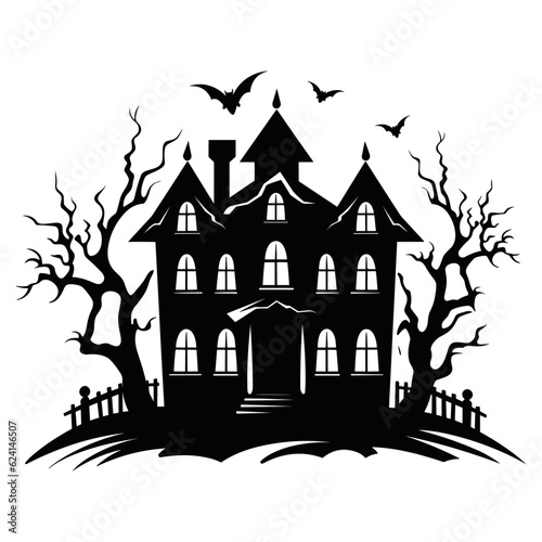 Vector haunted house black and white illustration. Halloween background with silhouette of spooky cottage, ghosts, bats, cemetery. Scary Samhain party invitation or card design. stock illustration