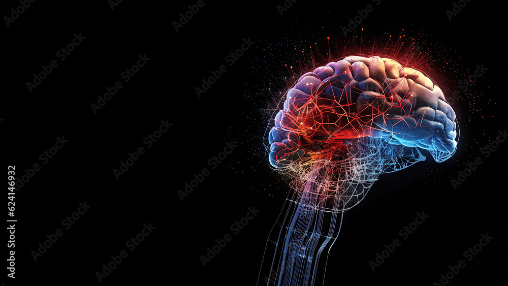 Glowing human brain on black background. Fusion of human and AI ...