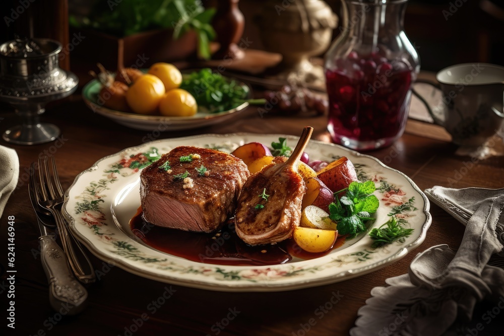 High-End Restaurant Presentation of Bone-in Lamb Lollipop with roasted potatoes and sauce. Image generated by artificial intelligence High-End Restaurant Presentation of Bone-in Lamb Lollipop with roasted potatoes and sauce. Image generated by artificial intelligence
