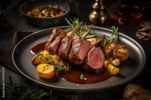 High-End Restaurant Presentation of Bone-in Lamb Lollipop with roasted potatoes and sauce. Image generated by artificial intelligence