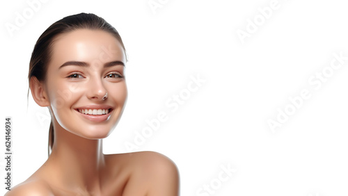 Beautiful young woman with clean perfect skin. Portrait of beauty model with natural nude make up. Spa, skincare and wellness. Close up, white background, copy space.