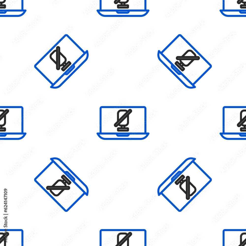 Line Mute microphone on laptop icon isolated seamless pattern on white background. Microphone audio muted. Colorful outline concept. Vector Line Mute microphone on laptop icon isolated seamless pattern on white background. Microphone audio muted. Colorful outline concept. Vector