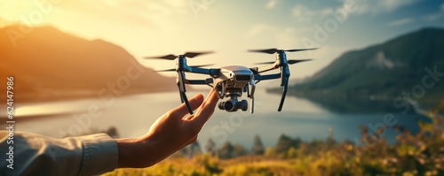 Drone technology landing in human hand in nature, panorama. Generative Ai. #624147986