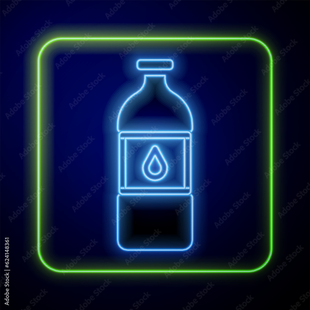 Glowing neon Bottle of water icon isolated on blue background. Soda aqua drink sign. Vector Glowing neon Bottle of water icon isolated on blue background. Soda aqua drink sign. Vector