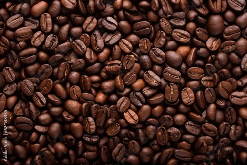 Fresh roasted coffee beans closeup pattern on dark background. Food pattern. Love coffee concept. Top view, flat lay with copy space 