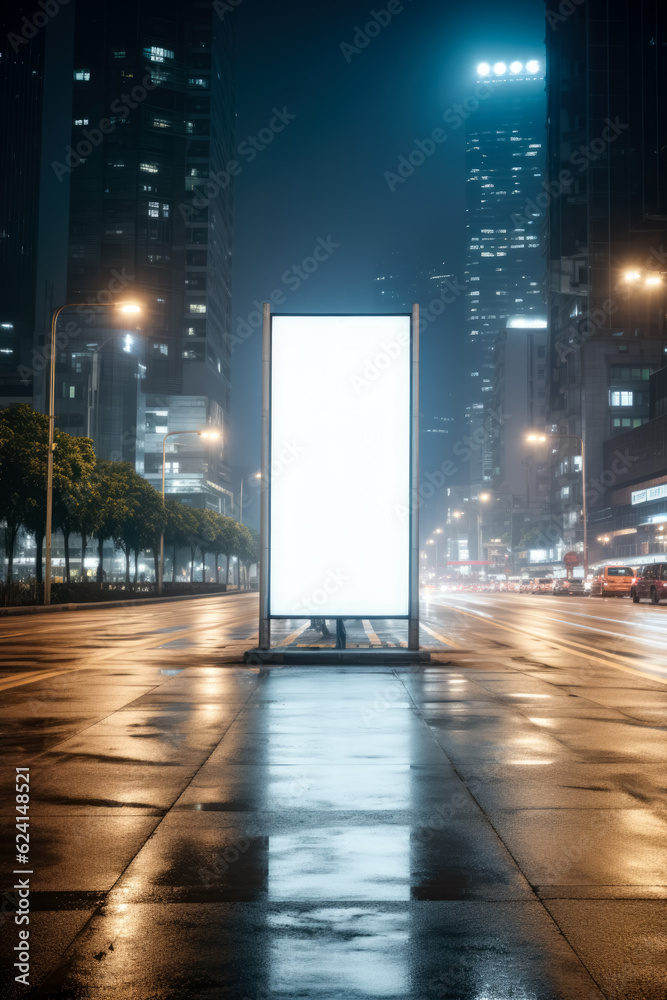 Blank white digital billboard poster on city street at dawn 