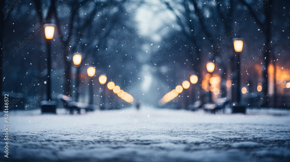 Blank white digital billboard poster on city street during a snowfall 