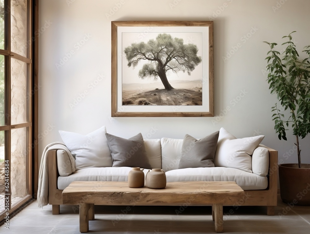 Fototapeta premium Interior design of vintage living room with reclaimed wood cabinet and poster on white stucco wall generative ai