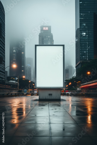 Blank white digital billboard poster on city street under a cloudy sky 