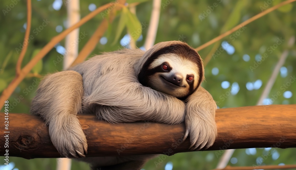 Smiling sloth animal lying on the branch in the jungle.