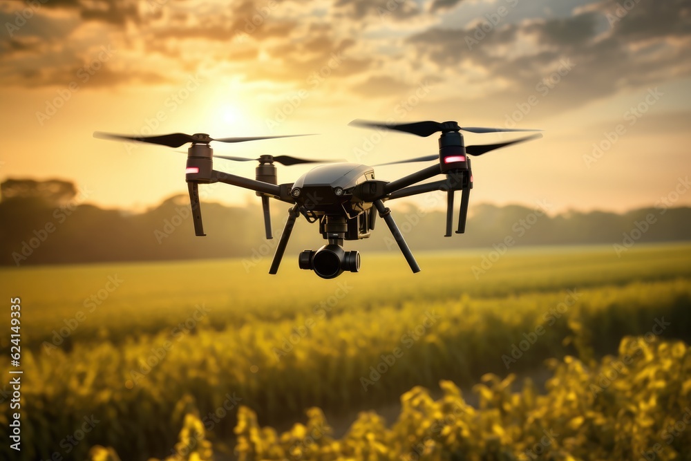Quadcopter drone flying over gold field in nature. Generative Ai. Quadcopter drone flying over gold field in nature. Generative Ai.