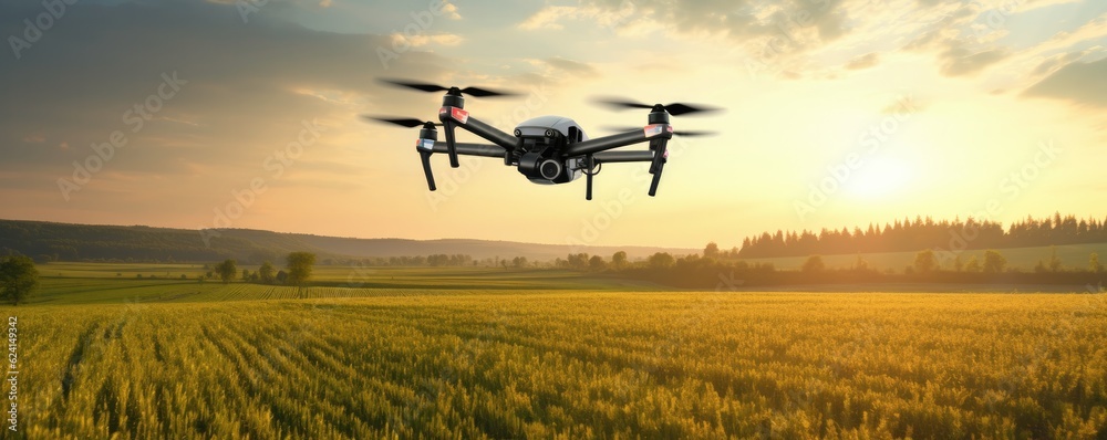 Quadcopter drone flying over field in nature, panorama. Generative Ai. Quadcopter drone flying over field in nature, panorama. Generative Ai.