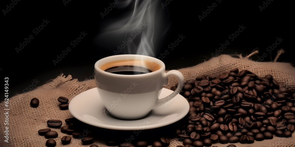 Hot coffee cup and coffee seeds. Background wallpaper Hot coffee cup and coffee seeds. Background wallpaper