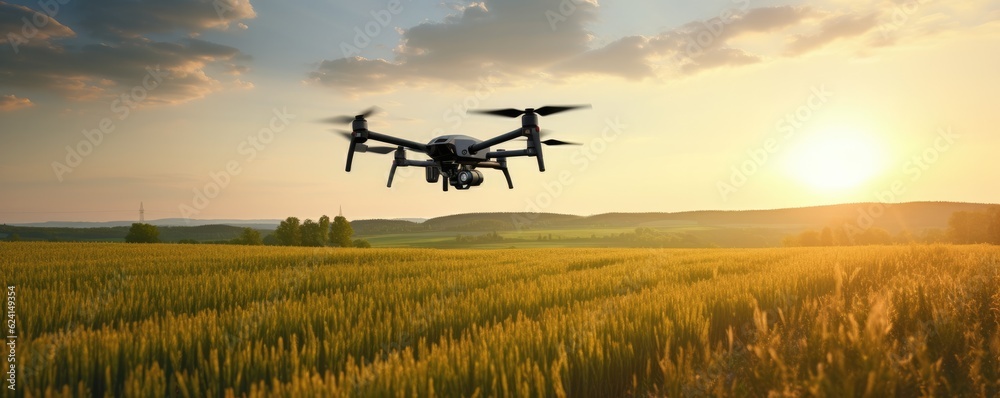Quadcopter drone flying over field in nature, panorama. Generative Ai. Quadcopter drone flying over field in nature, panorama. Generative Ai.