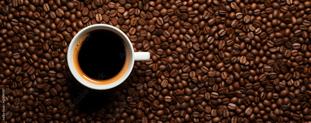 Table top view of coffee cup and coffee seeds. Table top view of coffee cup and coffee seeds.