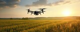 Quadcopter drone flying over field in nature, panorama. Generative Ai.