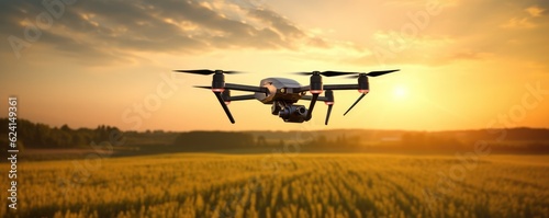 Quadcopter drone flying over field in nature, panorama. Generative Ai. photo