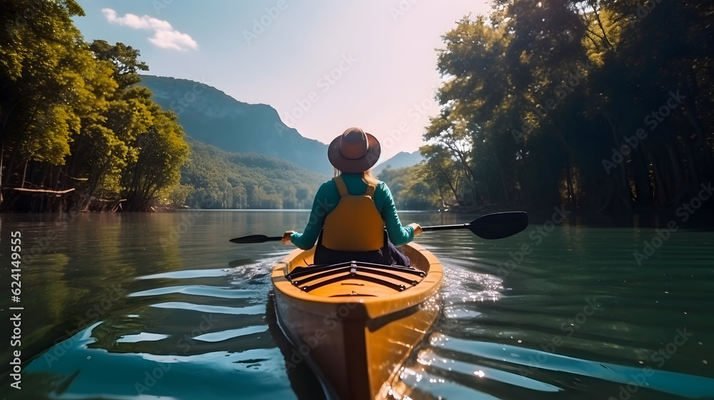 Rear view of woman riding canoe in stream with background of beautiful landscape. Rear view of woman riding canoe in stream with background of beautiful landscape.