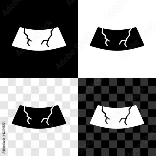 Set Broken windshield cracked glass icon isolated on black and white, transparent background. Vector