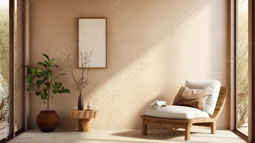 Lounge chair against window near beige stucco wall interior design of modern living room generative ai © tanjidvect