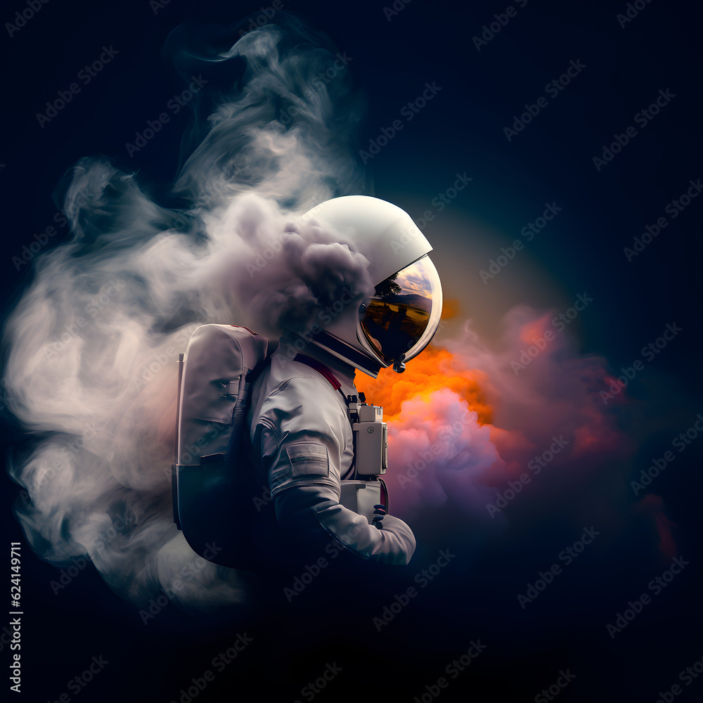 Spaceman or astronaut surrounded by smoke. AI generated.