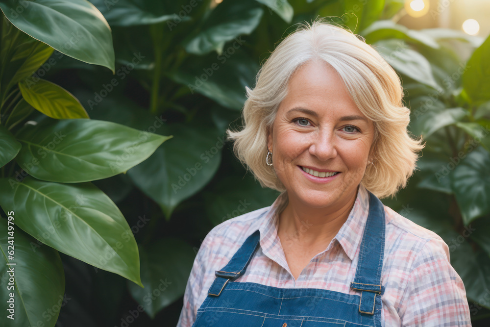 Portrait of a smiling happy senior scandinavian woman is working in a small flower shop at early morning. Concept of biophilia lifestyle. Generative AI Portrait of a smiling happy senior scandinavian woman is working in a small flower shop at early morning. Concept of biophilia lifestyle. Generative AI