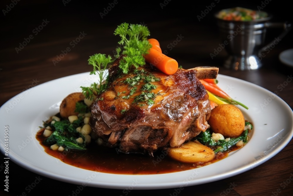 Pork hock in German with sauces delicious food. Image generated by artificial intelligence Pork hock in German with sauces delicious food. Image generated by artificial intelligence