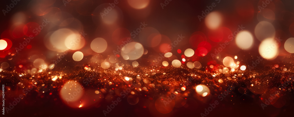 Golden light shine particles bokeh on crimson red background 
