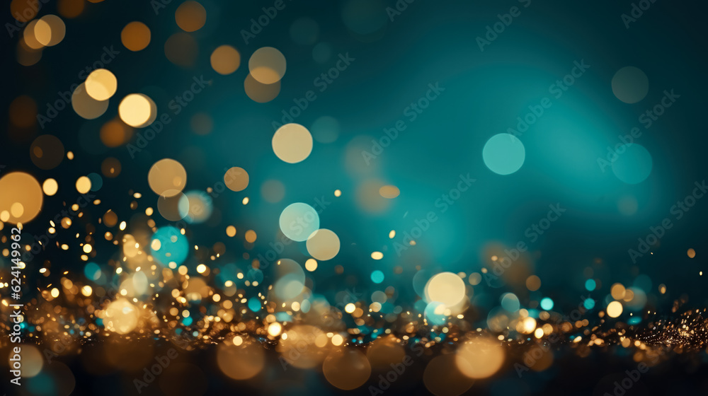 Golden light shine particles bokeh on rich turquoise background Golden light shine particles bokeh on rich turquoise background