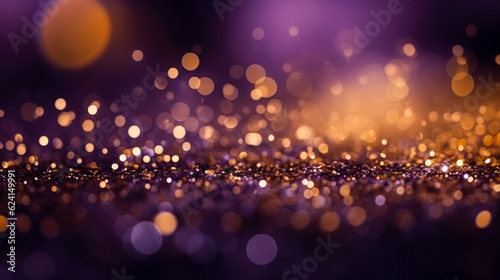 Golden light shine particles bokeh on royal purple background 