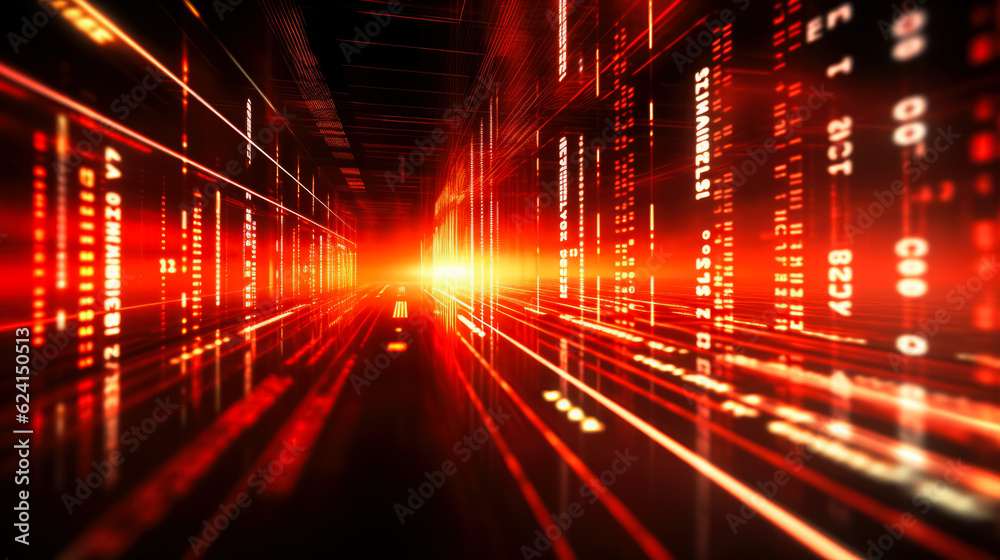 High-speed binary code in data center background