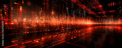High-speed binary code in data center  red background