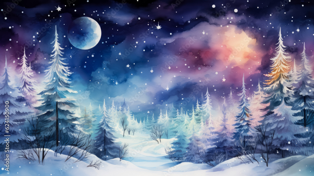 Naklejka premium Magical forest with christmas trees and glowing lights, watercolor, background 