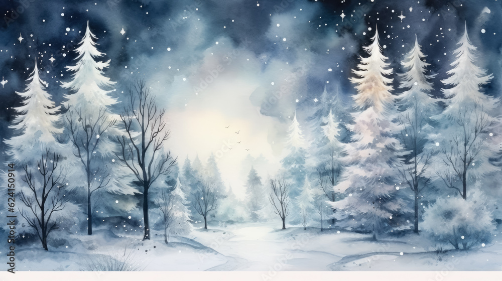 Magical forest with christmas trees and glowing lights, watercolor, background Magical forest with christmas trees and glowing lights, watercolor, background