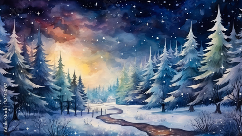 Magical forest with christmas trees and glowing lights, watercolor, background  © fotogurmespb