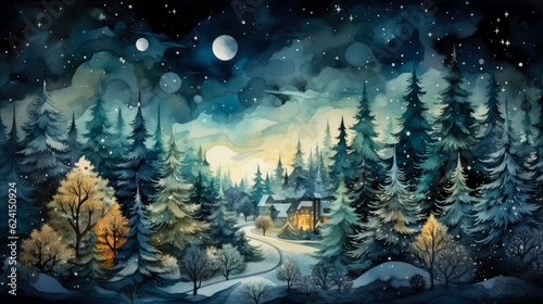 Magical forest with christmas trees and glowing lights, watercolor, background 