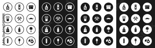 Set Barbershop building, Crossed shaving razor, Electrical hair clipper shaver, Aftershave, Mustache, Shaving gel foam, Hand mirror and icon. Vector