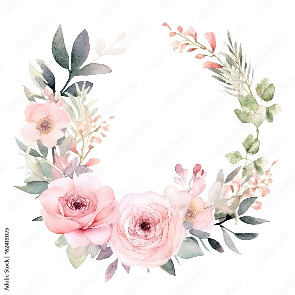 Watercolor floral border. Illustration AI Generative.