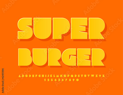 Vector stylish poster Super Burgers.Creative Modern Alphabet Letters and Numbers.  Sticker style Font.