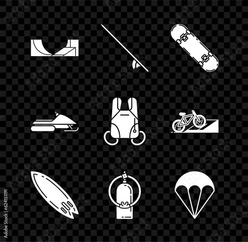 Set Skate park, Surfboard, Skateboard trick, Aqualung, Parachute, Snowmobile and icon. Vector