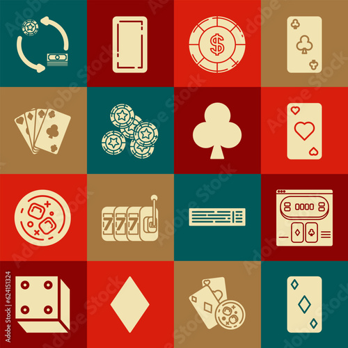 Set Playing card with diamonds symbol, Online poker table game, heart, Casino chip dollar, chips, cards, exchange stacks of dollars and clubs icon. Vector