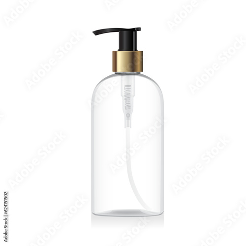 Blank clear glass bottle mockup with gold pump isolated on white background. Transparent plastic packaging. Shampoo, sanitizer or liquid soap dispenser. 3d vector cosmetic bottle mockup template.